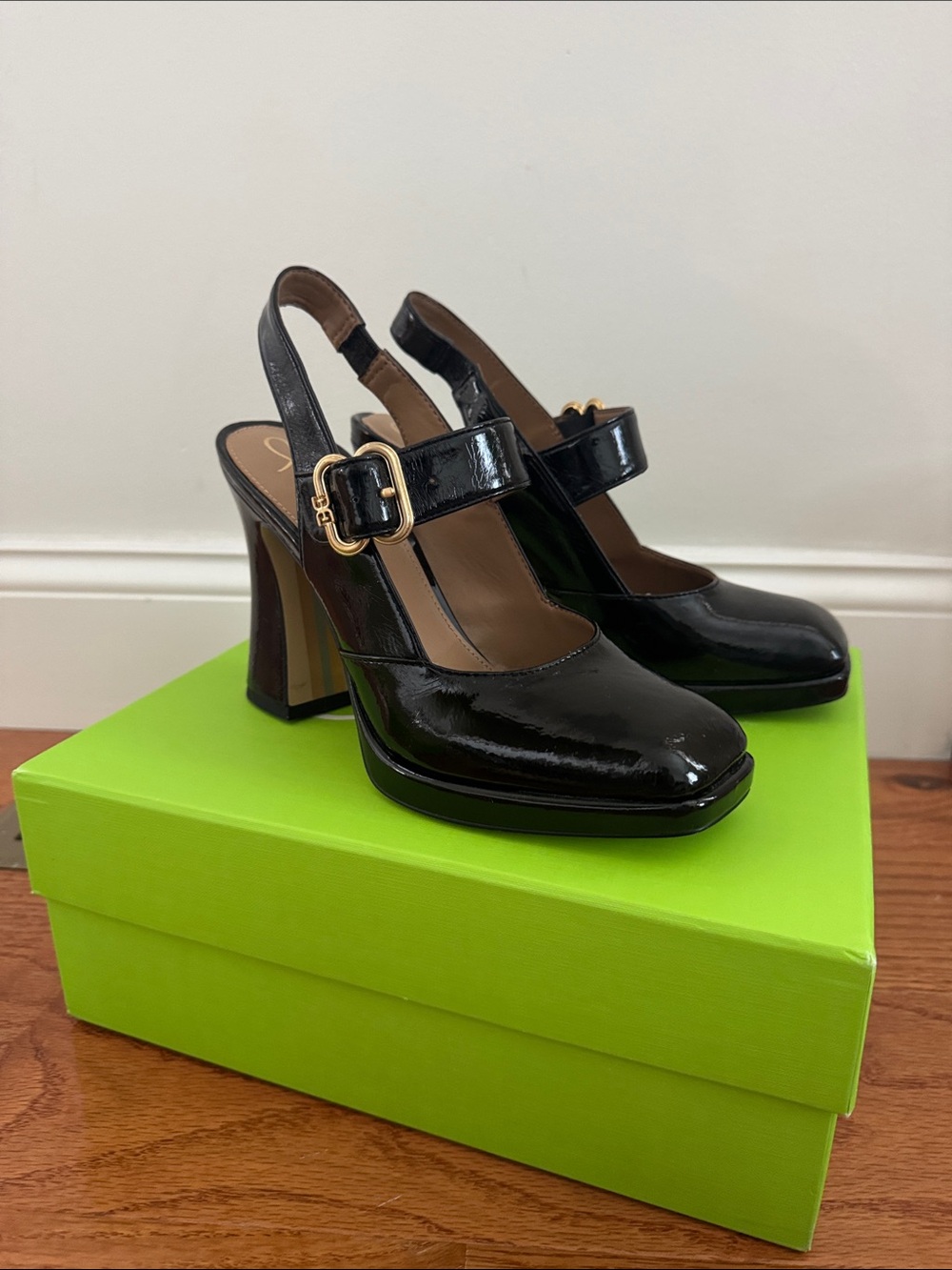 Sam Edelman Black Patent Mary Jane Slingback Heels with Gold Buckle
